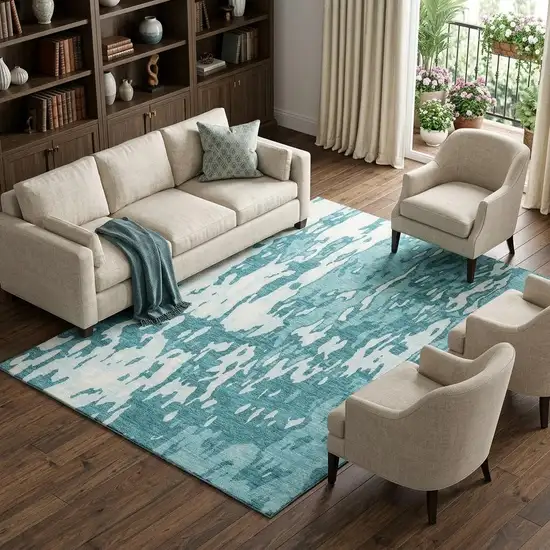 Teal And Ivory Abstract Washable Area Rug With UV Protection Photo 1
