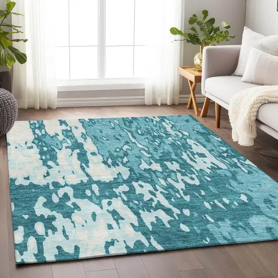 Teal And Ivory Abstract Washable Area Rug With UV Protection Photo 4