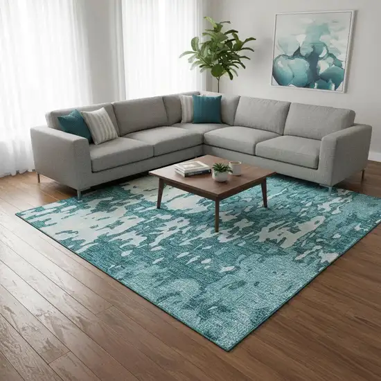 Teal And Ivory Abstract Washable Area Rug With UV Protection Photo 2