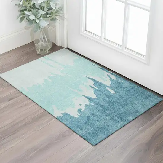 Teal And Ivory Abstract Washable Area Rug With UV Protection Photo 2