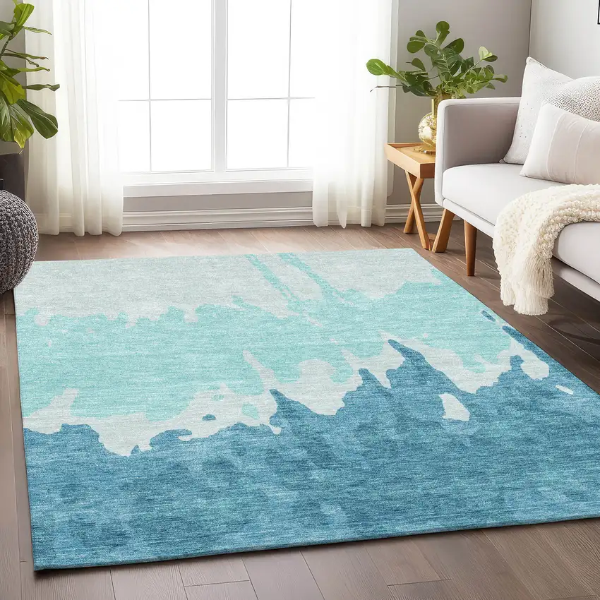 Teal And Ivory Abstract Washable Area Rug With UV Protection Photo 5