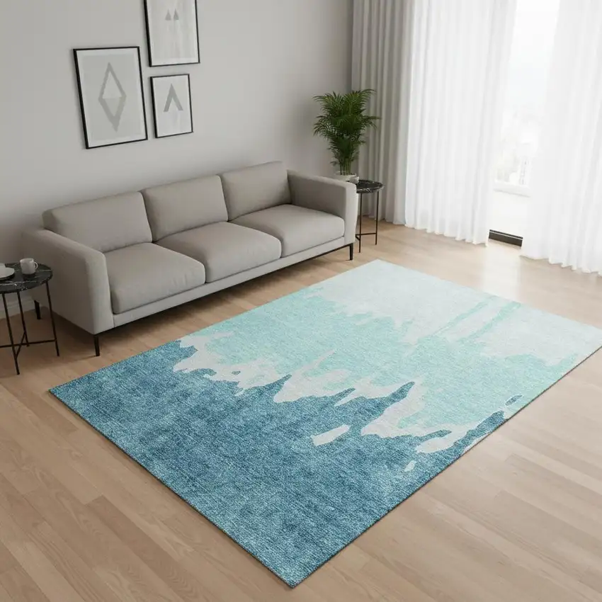 Teal And Ivory Abstract Washable Area Rug With UV Protection Photo 2
