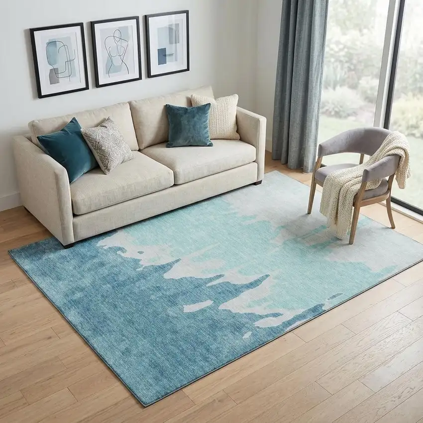 Teal And Ivory Abstract Washable Area Rug With UV Protection Photo 1