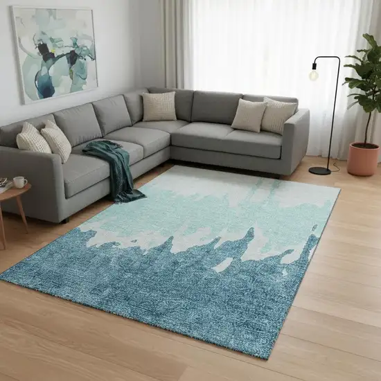Teal And Ivory Abstract Washable Area Rug With UV Protection Photo 2