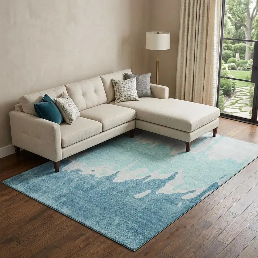 Teal And Ivory Abstract Washable Area Rug With UV Protection Photo 1