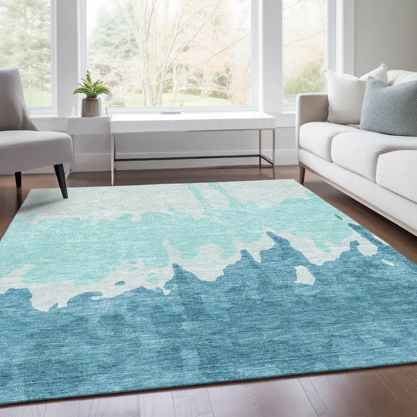 Teal And Ivory Abstract Washable Area Rug With UV Protection Photo 5