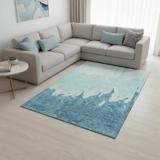 Teal And Ivory Abstract Washable Area Rug With UV Protection Photo 2
