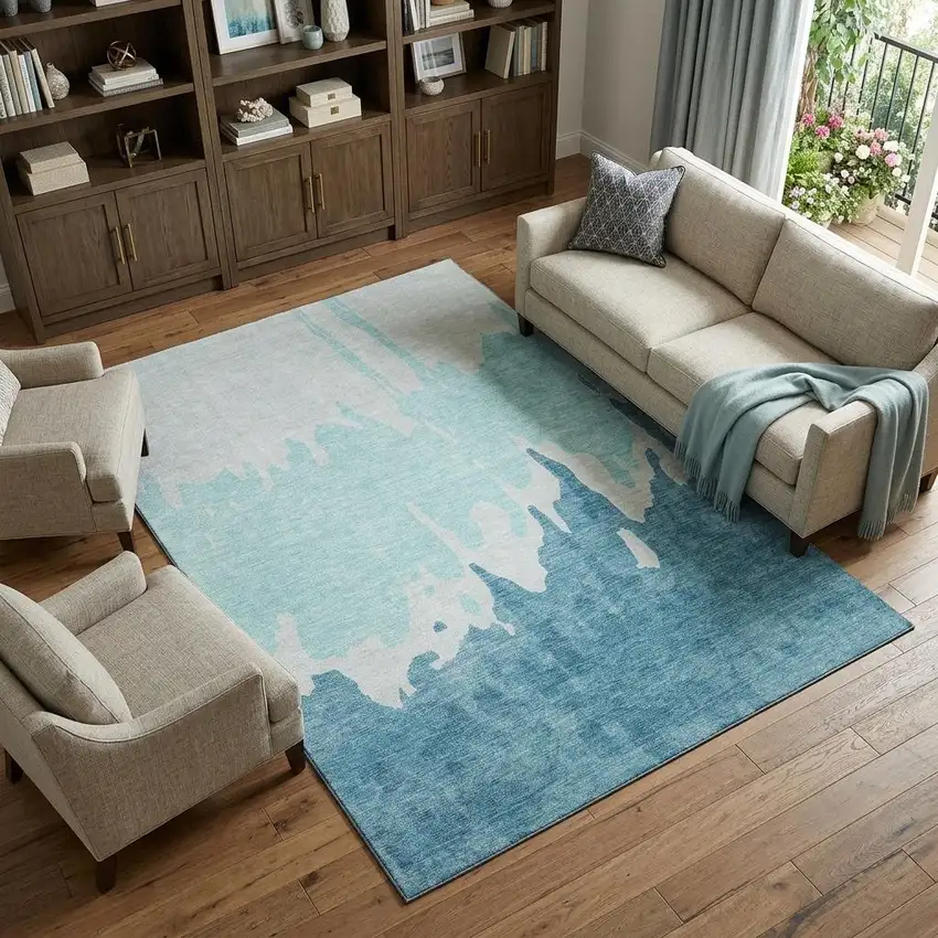 Teal And Ivory Abstract Washable Area Rug With UV Protection Photo 1
