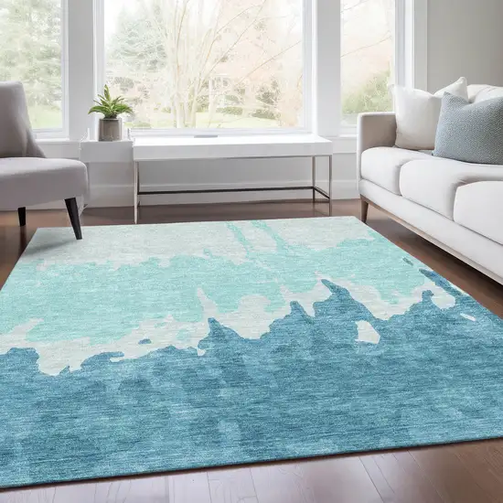 Teal And Ivory Abstract Washable Area Rug With UV Protection Photo 5
