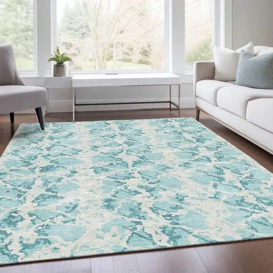 Teal And Ivory Abstract Washable Area Rug With UV Protection Photo 5