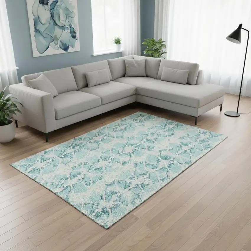 Teal And Ivory Abstract Washable Area Rug With UV Protection Photo 2