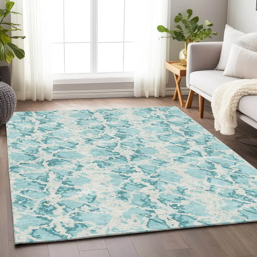 Teal And Ivory Abstract Washable Area Rug With UV Protection Photo 4