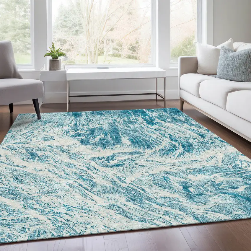 Teal And Ivory Abstract Washable Area Rug With UV Protection Photo 6