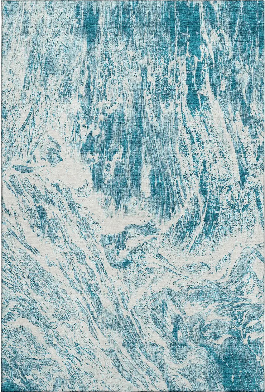 Teal And Ivory Abstract Washable Area Rug With UV Protection Photo 1