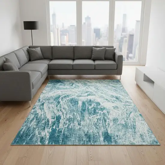 Teal And Ivory Abstract Washable Area Rug With UV Protection Photo 2