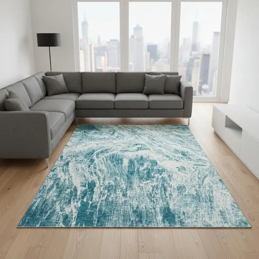 Teal And Ivory Abstract Washable Area Rug With UV Protection Photo 2