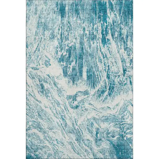 Teal And Ivory Abstract Washable Area Rug With UV Protection Photo 1