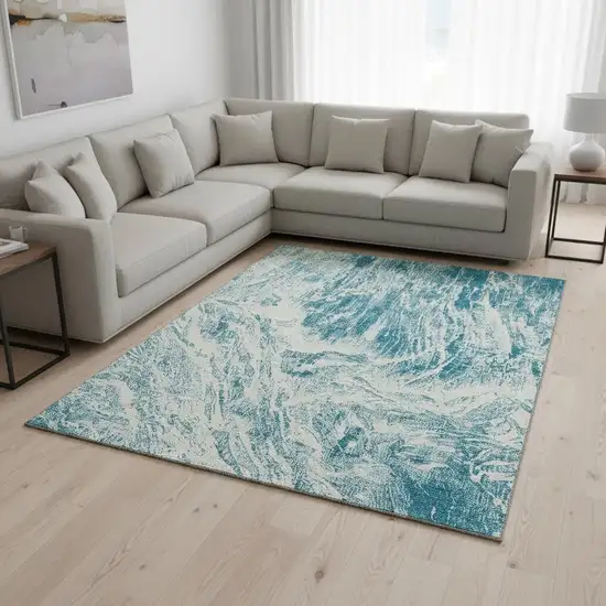 Teal And Ivory Abstract Washable Area Rug With UV Protection Photo 2