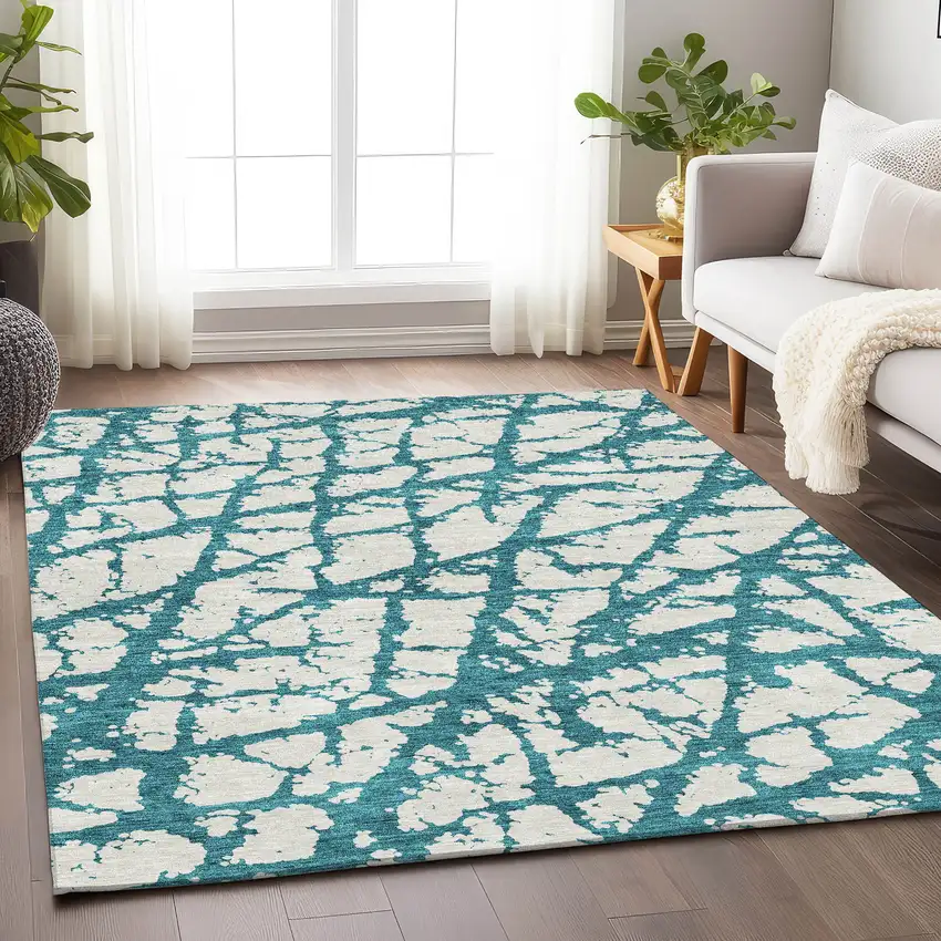 Teal And Ivory Abstract Washable Area Rug With UV Protection Photo 4