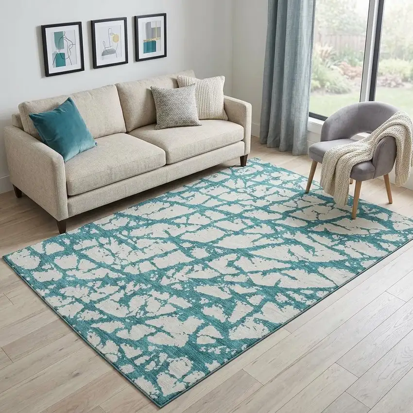 Teal And Ivory Abstract Washable Area Rug With UV Protection Photo 1