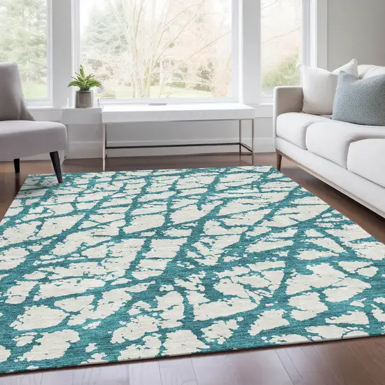 Teal And Ivory Abstract Washable Area Rug With UV Protection Photo 5
