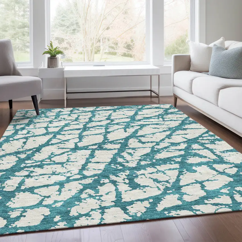 Teal And Ivory Abstract Washable Area Rug With UV Protection Photo 5