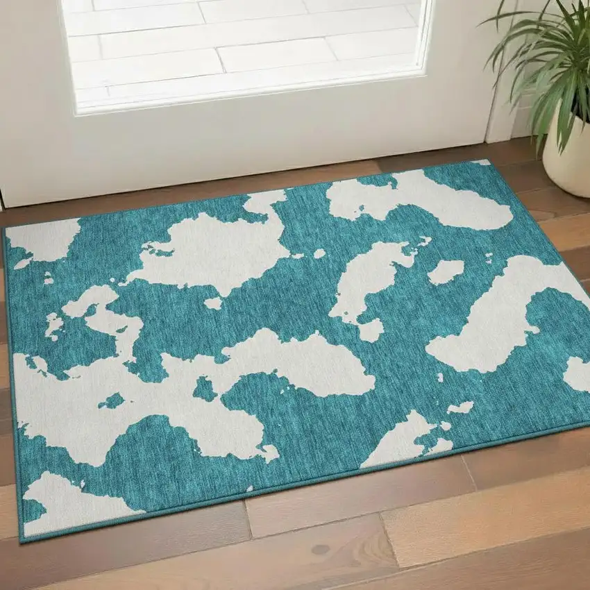 Teal And Ivory Abstract Washable Area Rug With UV Protection Photo 2