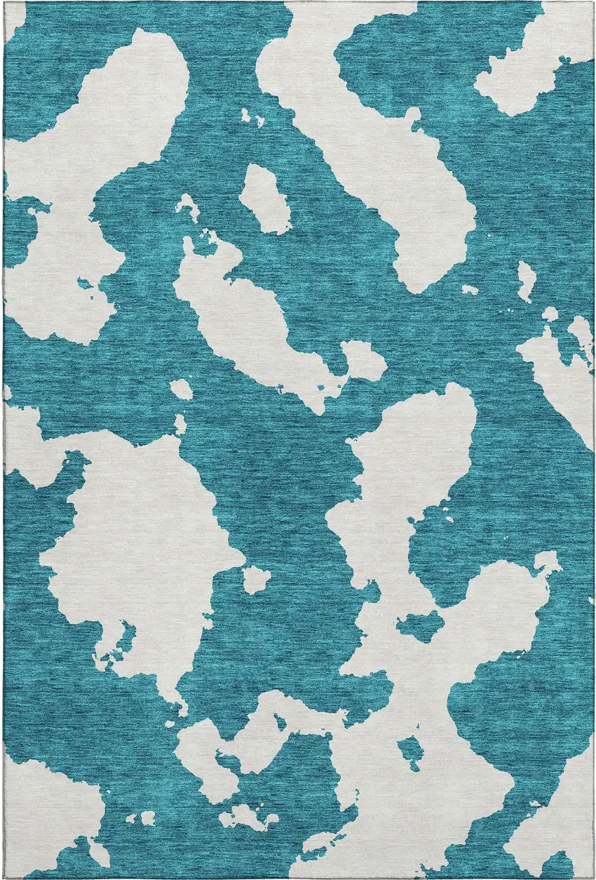 Teal And Ivory Abstract Washable Area Rug With UV Protection Photo 1