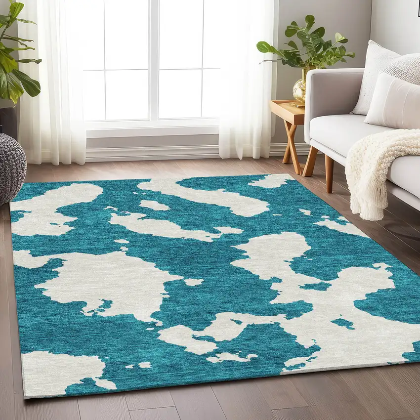 Teal And Ivory Abstract Washable Area Rug With UV Protection Photo 4