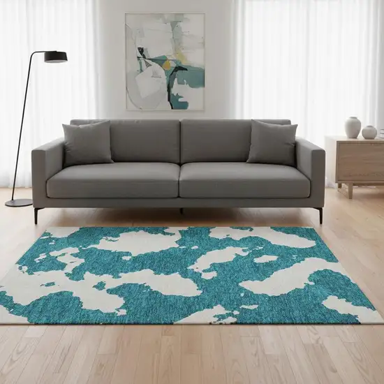 Teal And Ivory Abstract Washable Area Rug With UV Protection Photo 2