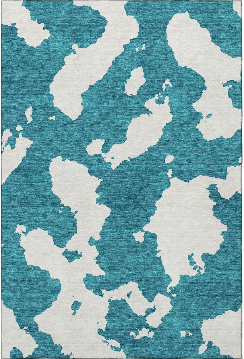 Teal And Ivory Abstract Washable Area Rug With UV Protection Photo 3