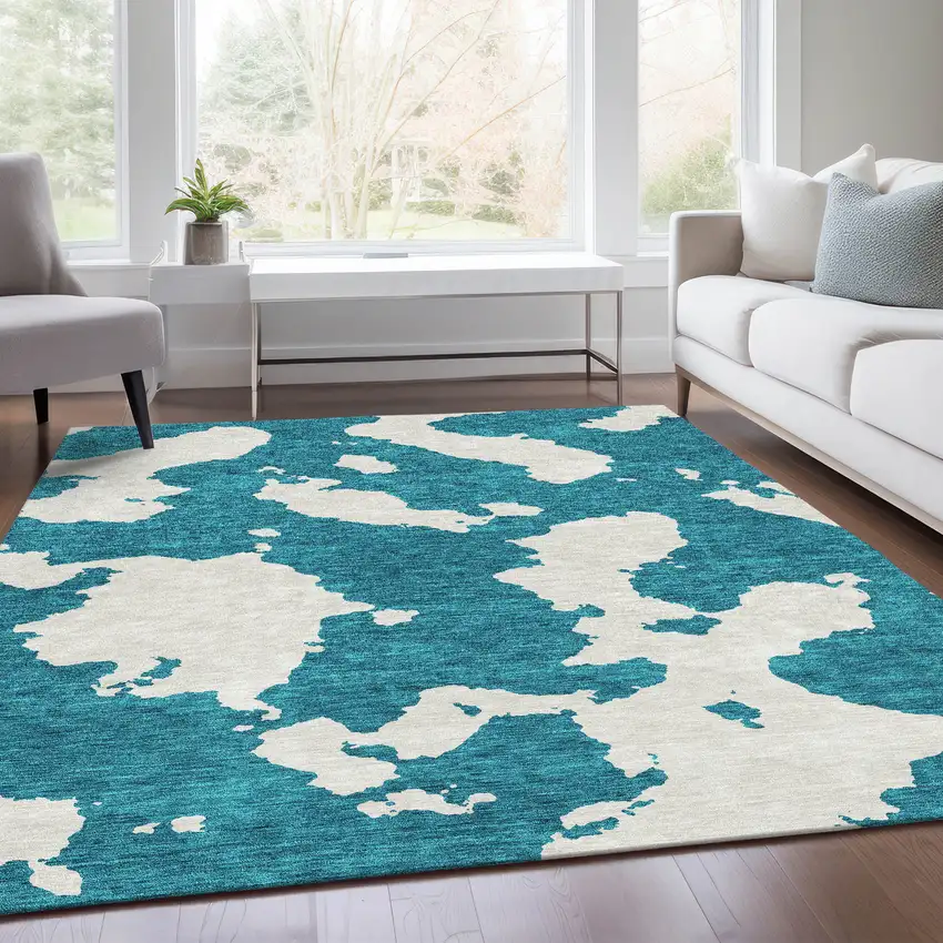 Teal And Ivory Abstract Washable Area Rug With UV Protection Photo 5