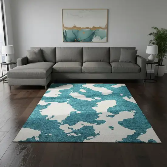 Teal And Ivory Abstract Washable Area Rug With UV Protection Photo 2