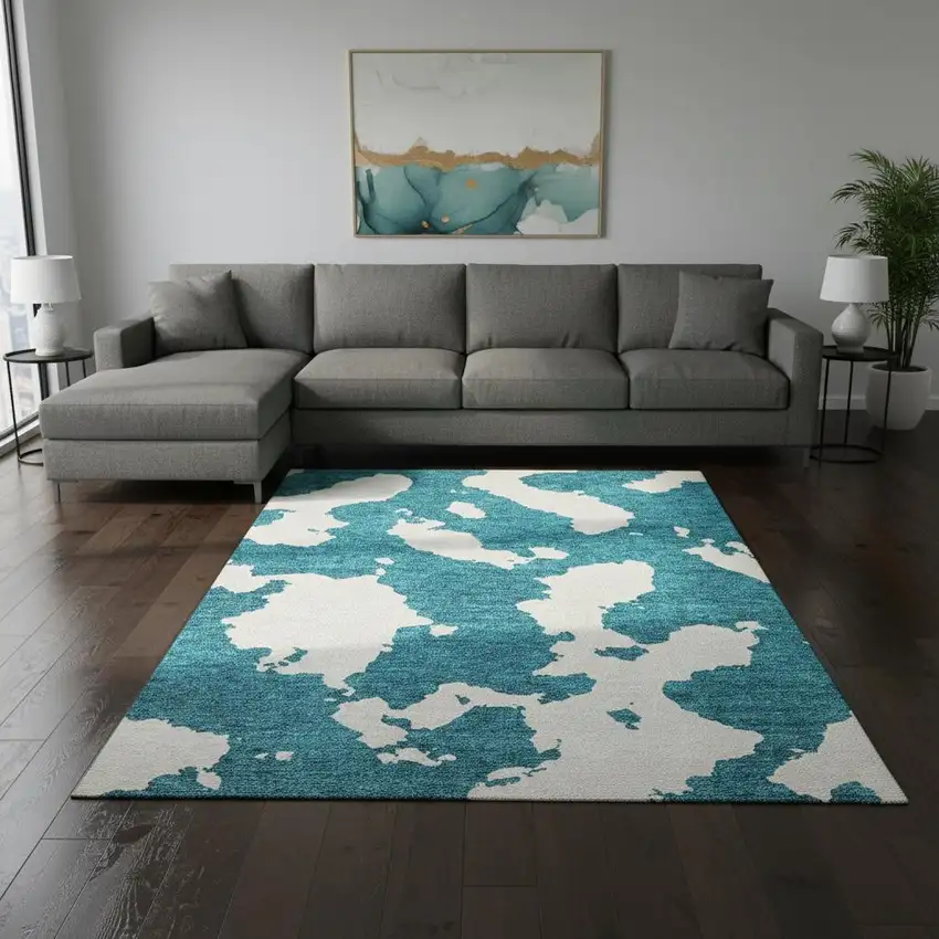 Teal And Ivory Abstract Washable Area Rug With UV Protection Photo 2