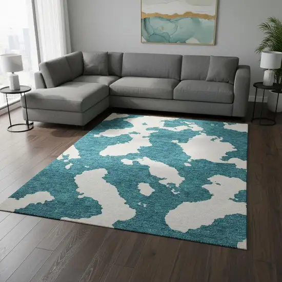 Teal And Ivory Abstract Washable Area Rug With UV Protection Photo 2