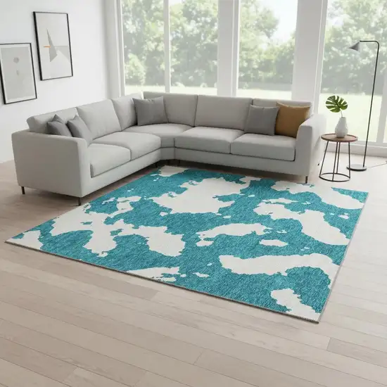 Teal And Ivory Abstract Washable Area Rug With UV Protection Photo 2
