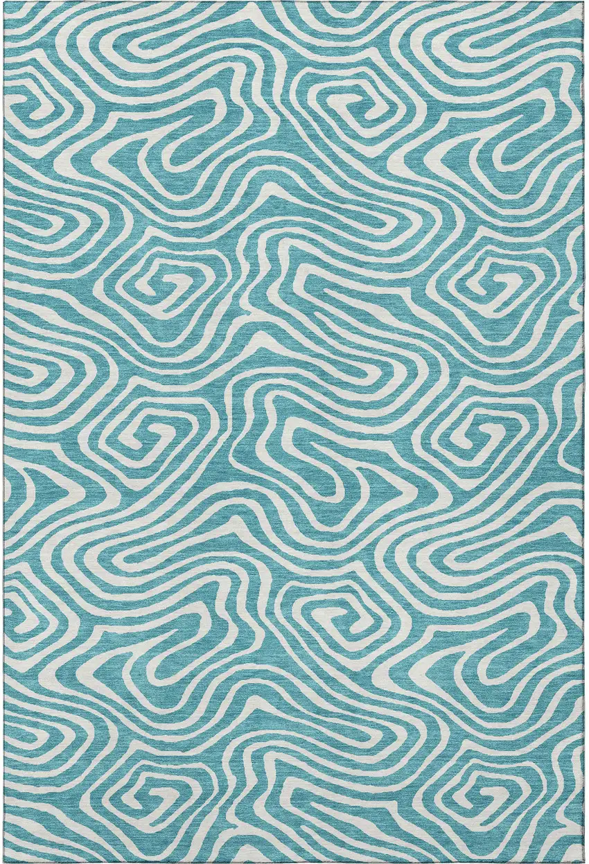 Teal And Ivory Abstract Washable Area Rug With UV Protection Photo 3
