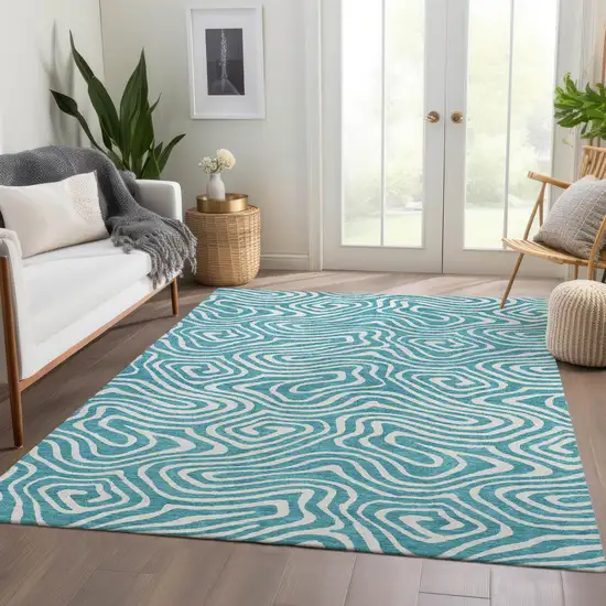 Teal And Ivory Abstract Washable Area Rug With UV Protection Photo 5