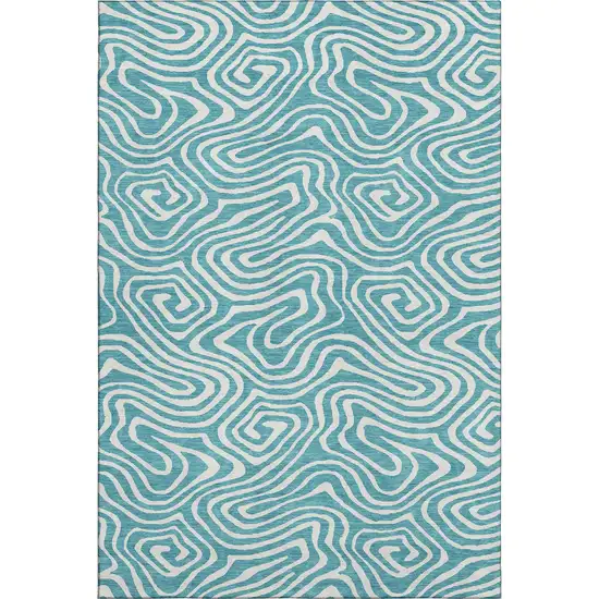 Teal And Ivory Abstract Washable Area Rug With UV Protection Photo 1