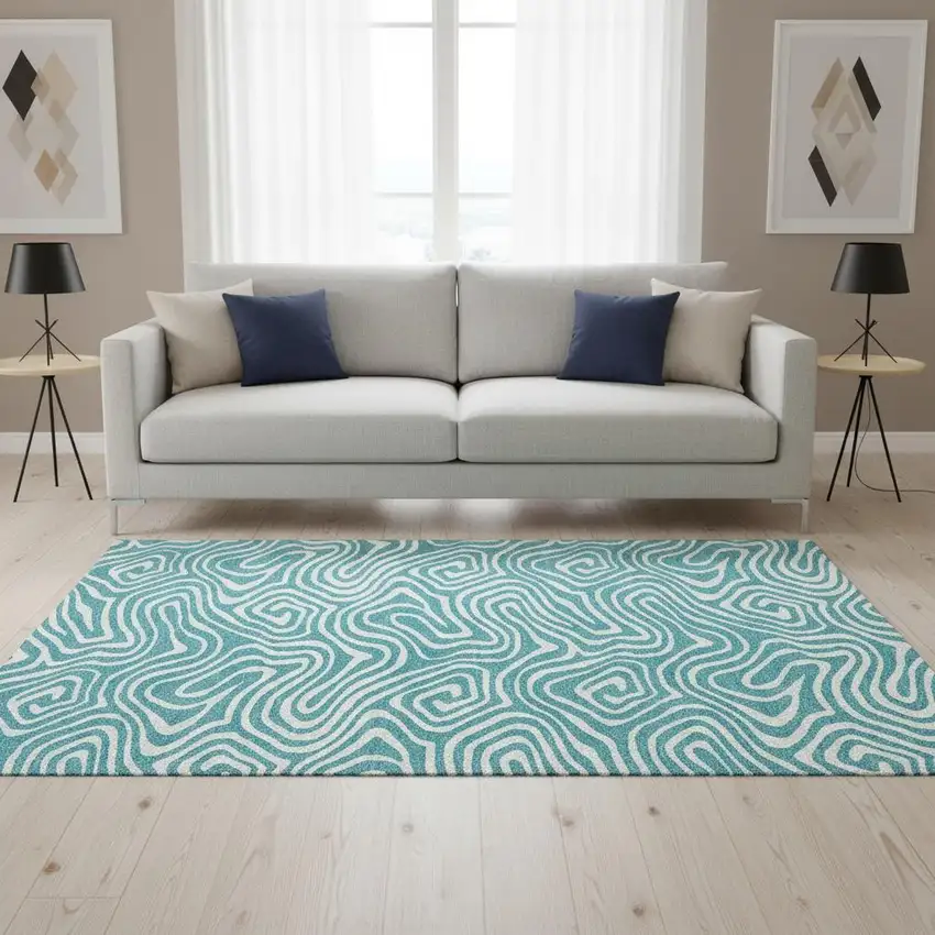 Teal And Ivory Abstract Washable Area Rug With UV Protection Photo 2