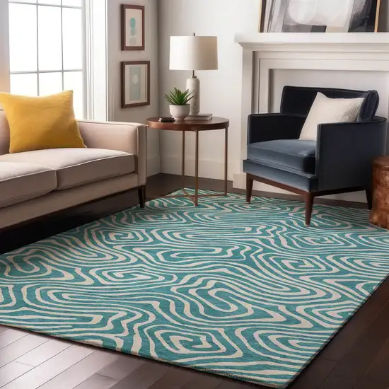 Teal And Ivory Abstract Washable Area Rug With UV Protection Photo 3