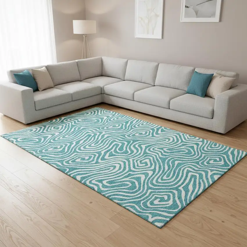 Teal And Ivory Abstract Washable Area Rug With UV Protection Photo 2