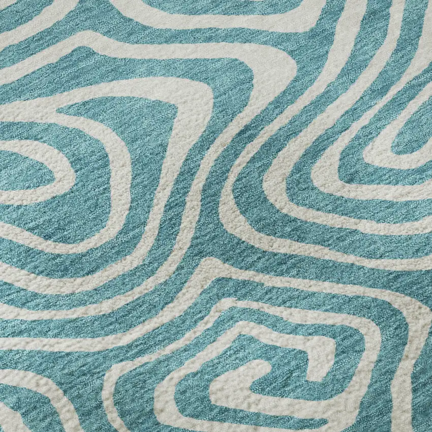 Teal And Ivory Abstract Washable Area Rug With UV Protection Photo 8