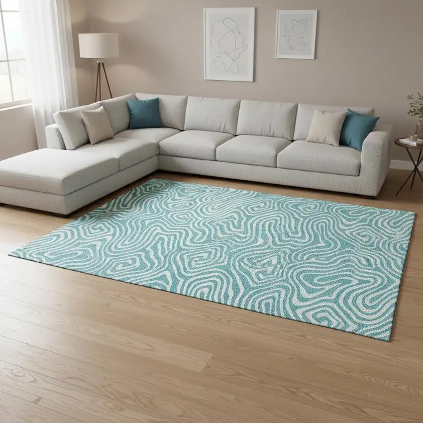 Teal And Ivory Abstract Washable Area Rug With UV Protection Photo 2