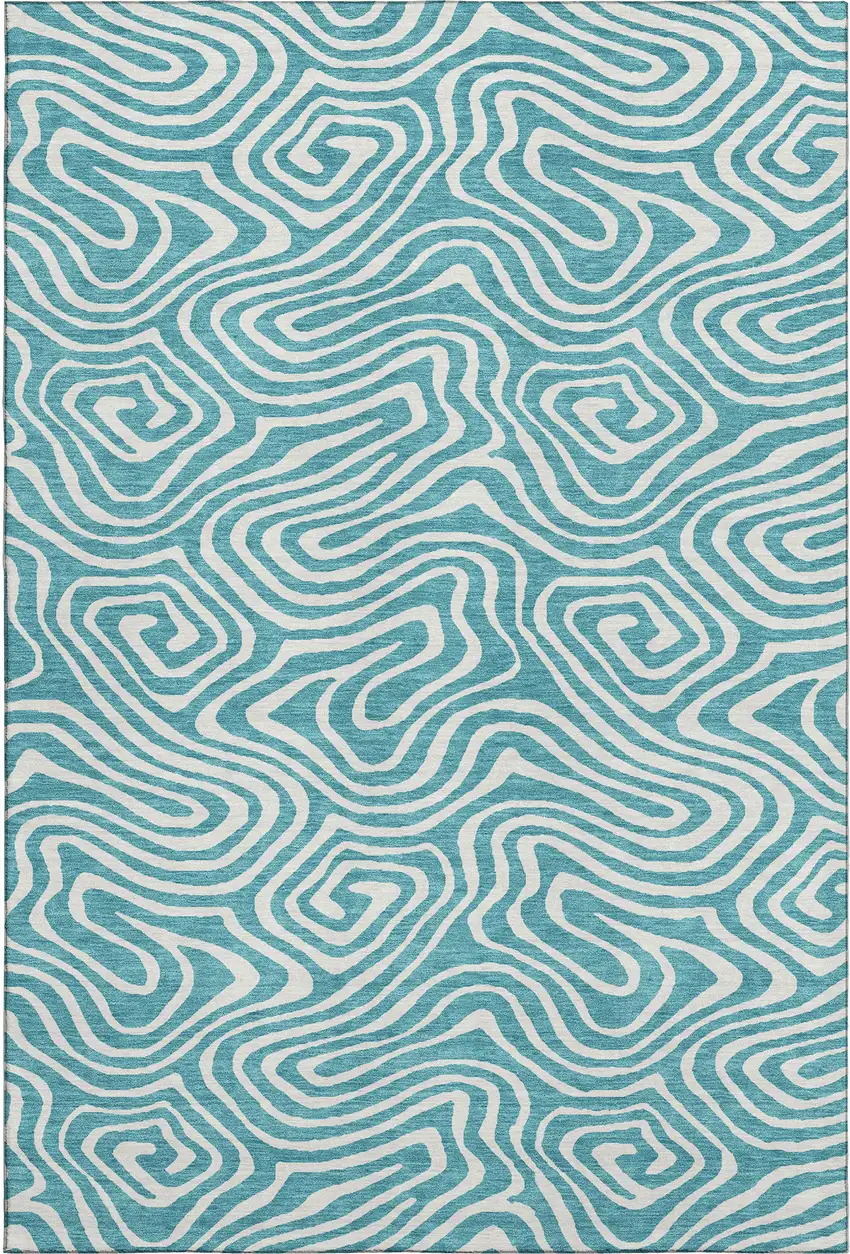 Teal And Ivory Abstract Washable Area Rug With UV Protection Photo 1