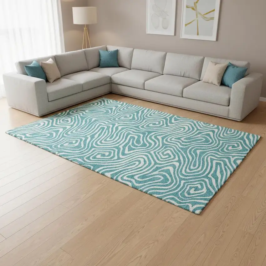 Teal And Ivory Abstract Washable Area Rug With UV Protection Photo 2