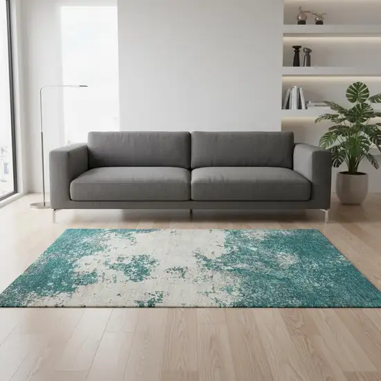 Teal And Ivory Abstract Washable Area Rug With UV Protection Photo 2