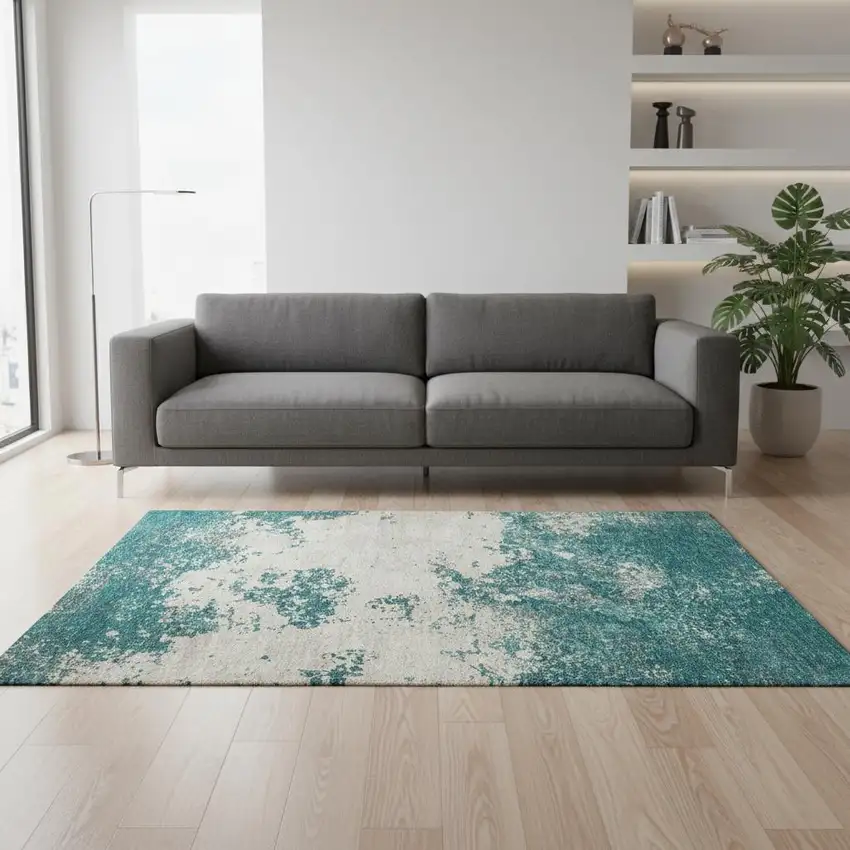 Teal And Ivory Abstract Washable Area Rug With UV Protection Photo 2