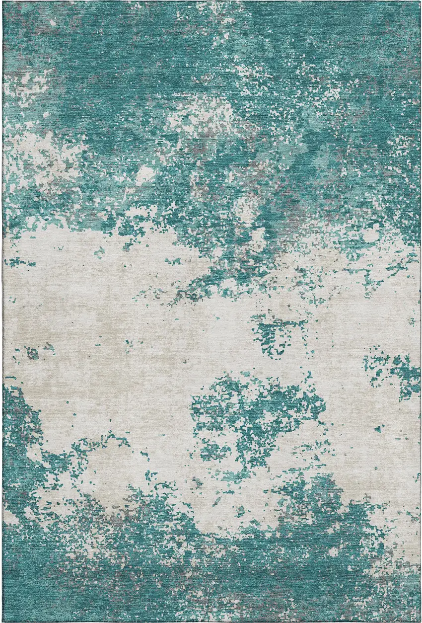 Teal And Ivory Abstract Washable Area Rug With UV Protection Photo 1