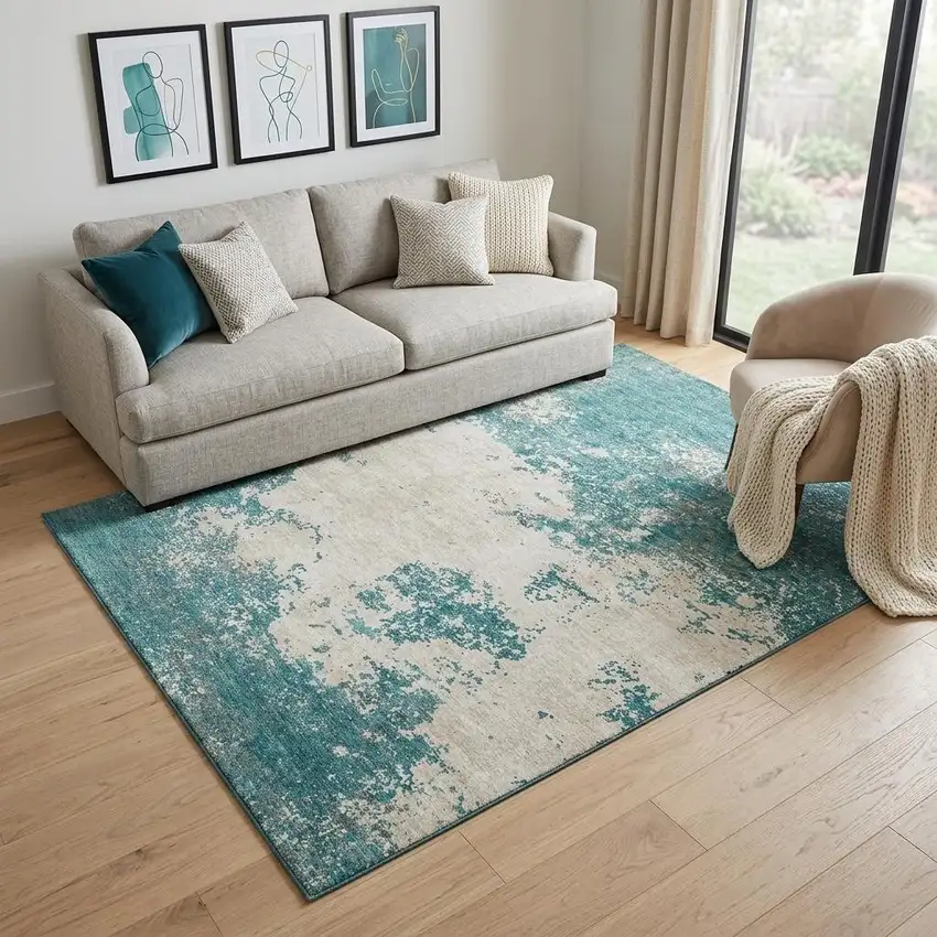 Teal And Ivory Abstract Washable Area Rug With UV Protection Photo 1